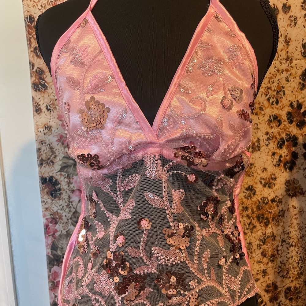 Sheer Pink Sequin Lace Halter Chemise